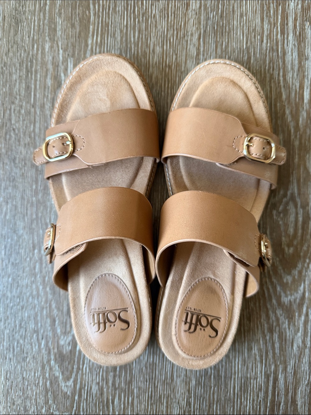 Sofft Women's Camel Double-Strap Slide Sandals with Gold Buckles